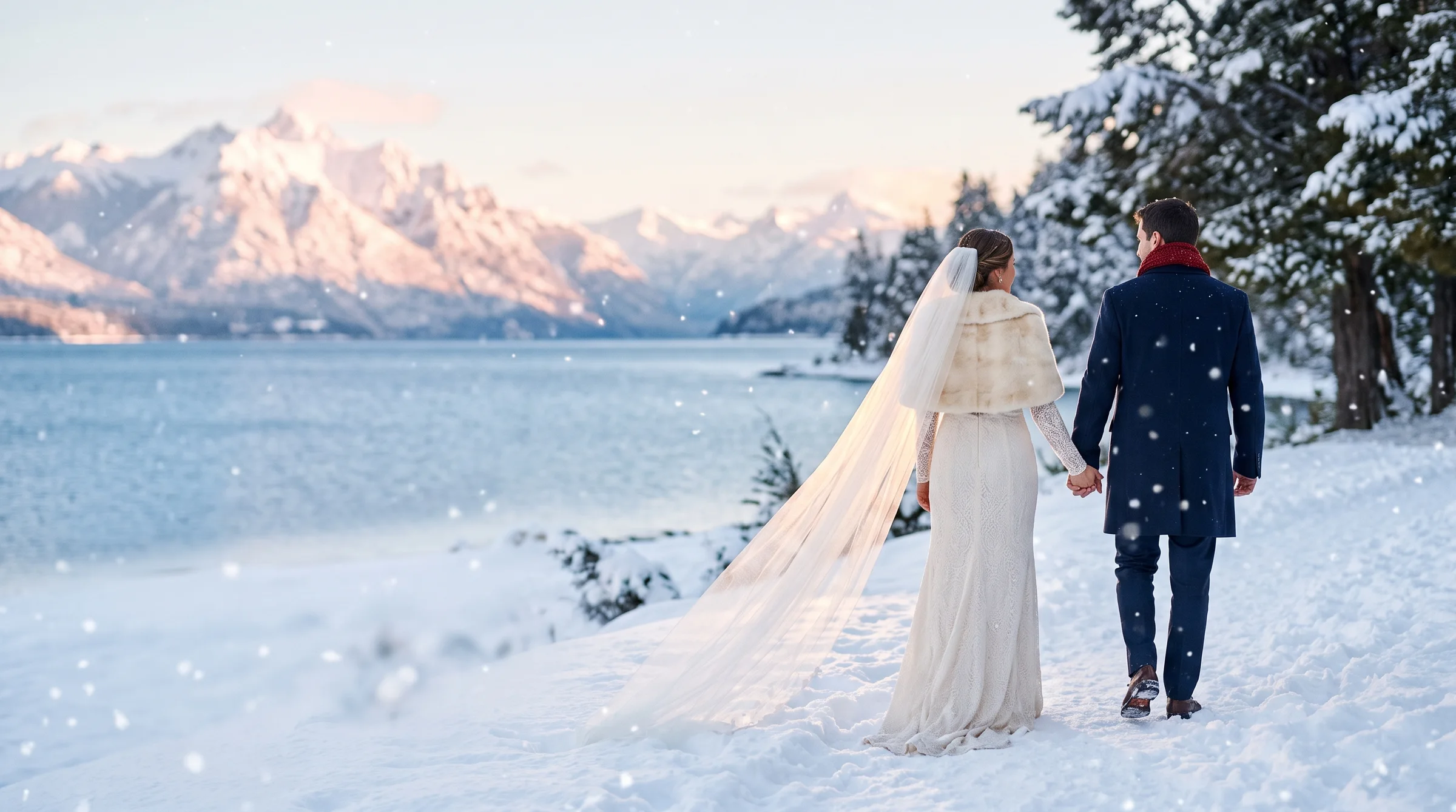 Os noivos de costas caminhando de mãos dadas na neve, à beira do lago Nahuel Huapi, com os Andes ao fundo